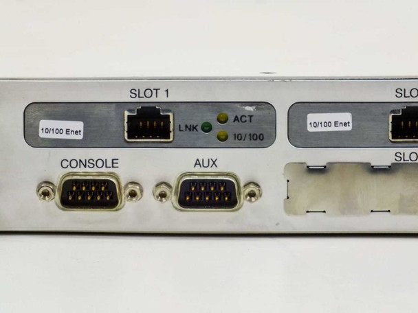 Lucent Access Point 1000 – rear panel closeup of Slot 1 and Slot 2 with 10/100 Ethernet modules, LNK/ACT LEDs, Console and AUX DB-9 ports
