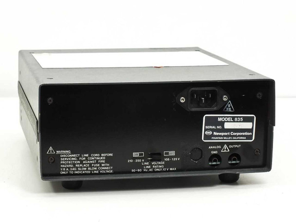 Newport Corporation 835 Optical Power Meter – rear panel showing IEC power inlet, voltage selector, analog output terminals, and model label