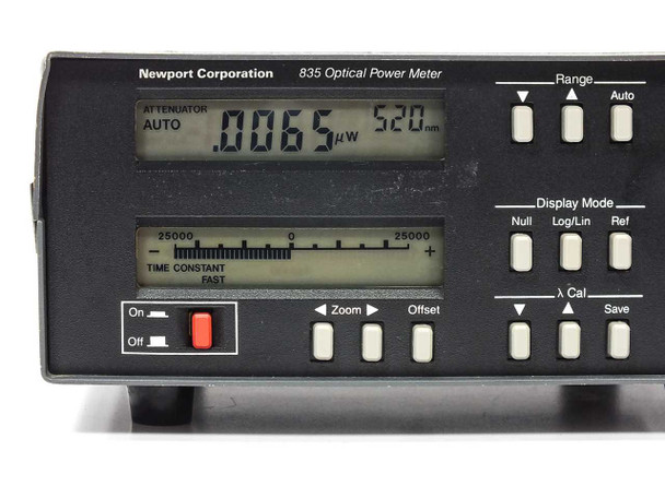 Newport Corporation 835 Optical Power Meter – front panel close-up showing digital display reading .0065 µW at 520nm and analog bar graph