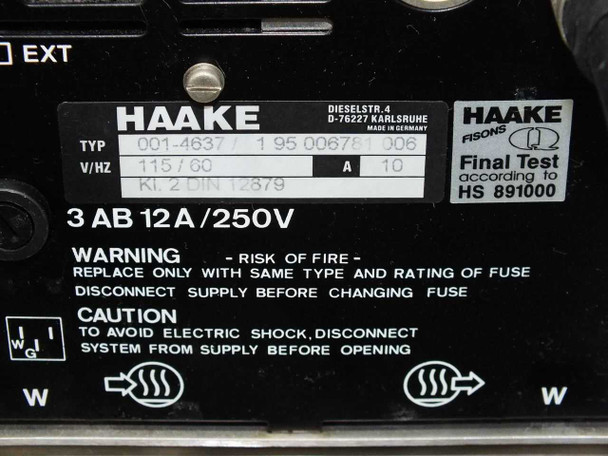 Haake F3 rating plate closeup: TYP 001-4637 / 1 95 006781 006, V/Hz 115/60, 10A, Kl.2 DIN 12879, 3AB 12A/250V fuse, Made in Germany, Haake Fisons Final Test HS 891000