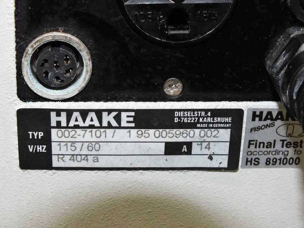 Haake K compressor unit rating label: TYP 002-7101 / 1 95 005960 002, V/Hz 115/60, 14A, R404a refrigerant, Haake Fisons Final Test HS 891000