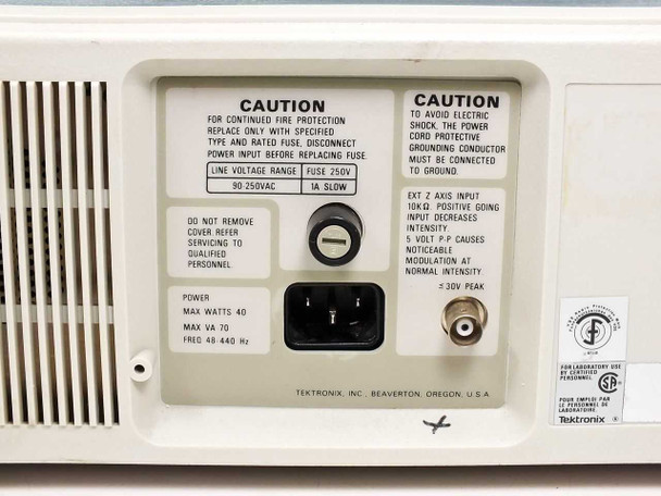 Tektronix 2215A rear panel label close-up showing 90–250VAC input range, 1A slow fuse, 40W/70VA power rating, 48–440Hz frequency, and EXT Z Axis input spec