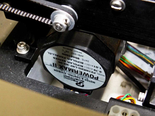 Close-up of Pacific Scientific Powermax II bipolar stepper motor label inside PWS P5NMS drive assembly