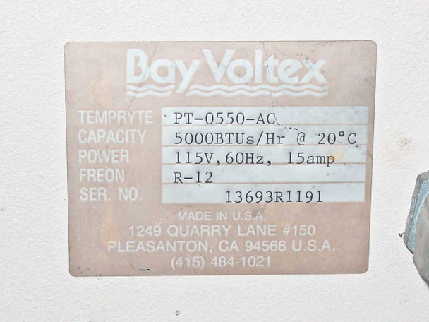 Bay Voltex rating plate showing model PT-0550-AC, 5000 BTU/hr, 115V 60Hz 15A, R-12 refrigerant, serial 13693R1191