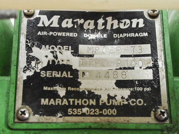 Marathon MP02P-73 nameplate closeup showing Model MP02P-73, Type TTP0-P100, Serial M4488, Max Air Pressure 100 PSI, Marathon Pump Co.