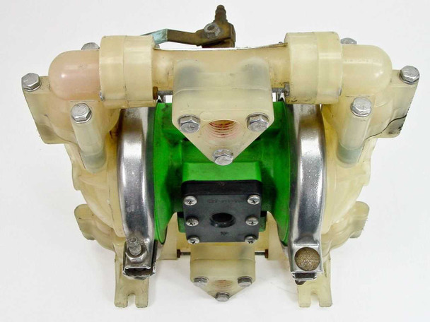 Marathon MP02P-73 top-down view showing upper manifold, fluid ports, bolted diaphragm housings, and air valve center block