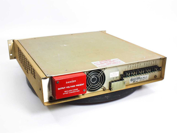 Electronic Measurements TCR 150S7 DC power supply — rear view showing output terminal block, cooling fan, and DANGER voltage warning label