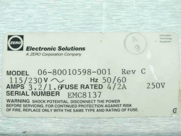 Brooks Automation Techware 5 rating label showing model 06-80010598-001 Rev C, 115/230V 50/60Hz, 3.2/1.6A, manufactured by Zero Electronic Solutions
