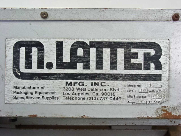 M. Latter MFG. Inc. rating plate – Model 16, 120V AC, 60 Hz, 5A, 1 Phase, Los Angeles CA