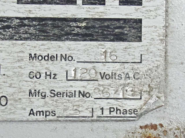 M. Latter Model 16 rating plate macro – Model No. 16, 120 Volts AC, 60 Hz, 5 Amps, 1 Phase, serial number detail
