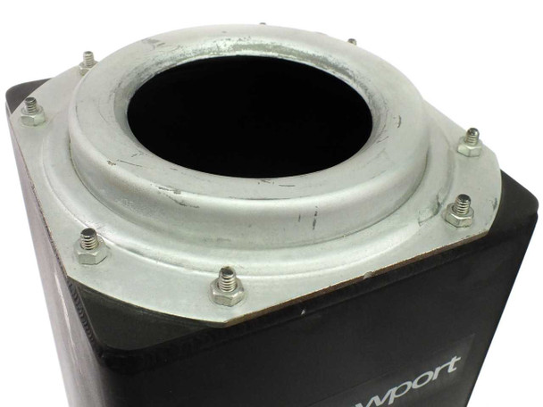 Newport I-2000 square isolator leg — top view showing circular mounting flange with bolts and threaded studs