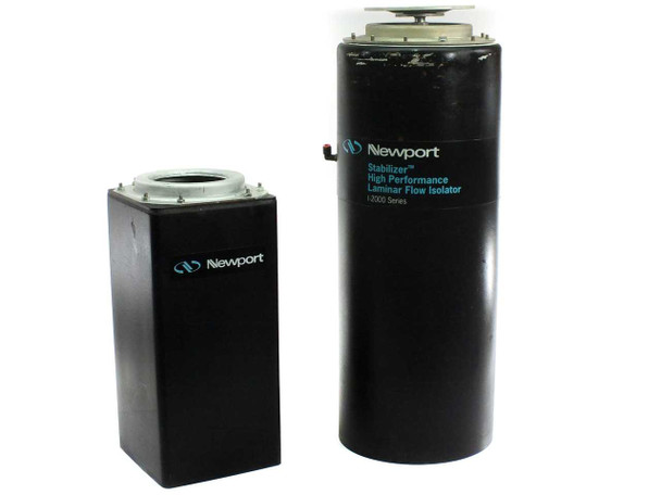 Newport I-2000 Stabilizer pneumatic laminar flow isolator legs — lot of 2, front view showing both units side by side