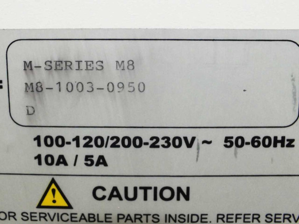 Origen M-Series M8 rating plate label showing model M8-1003-0950, revision D, 100-120/200-230V 50-60Hz, 10A/5A