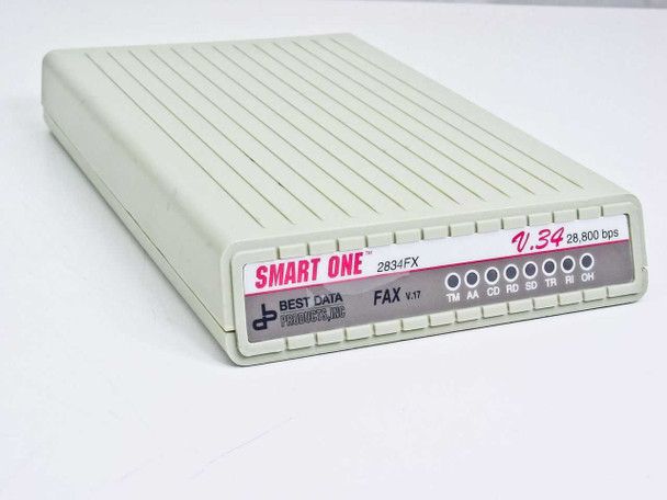 Best Data 2834FX Smart One V.34 28,800bps external fax modem — front panel showing model label, LED indicators (TM AA CD RD SD TR RI OH), and Best Data Products branding