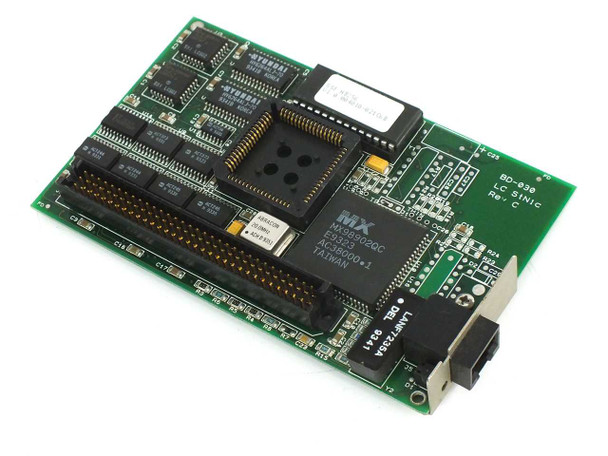 Dayna NB256 NuBus Ethernet Card BD-030 Rev C – angled top view showing MX98902QC controller chip, NuBus edge connector, and RJ-45 port