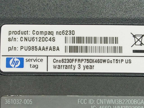 HP Compaq nc6230 service label showing model, serial number CNU6120C4S, and part number PU985AA#ABA