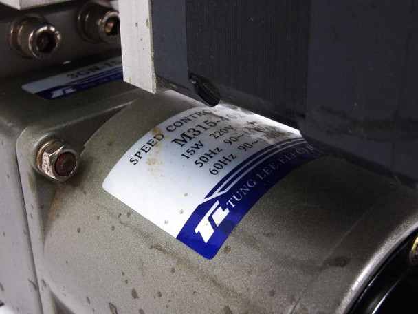 Tung Lee Electrical M315-402 speed control motor label — 15W, 220V, 50Hz 90-1400 RPM, 60Hz, single phase