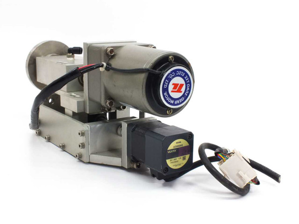 Tung Lee M315-402 variable speed gear motor assembly with Vexta ASM46AK — left side view showing motor body, gear head, and linear slide stage