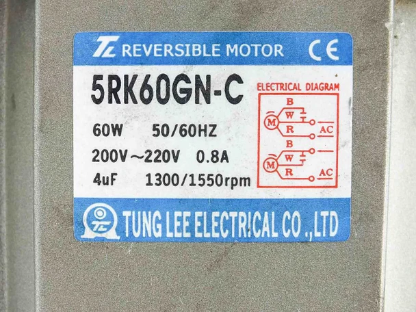 Tung Lee Electrical 5RK60GN-C reversible motor nameplate label showing 60W, 50/60Hz, 200-220V, 0.8A, 4uF, 1300/1550 RPM with electrical wiring diagram