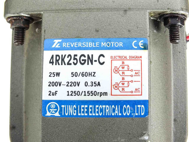 Tung Lee Electrical 4RK25GN-C motor nameplate label — showing 25W, 50/60Hz, 200-220V, 0.35A, 2uF, 1250/1550 RPM and CE mark