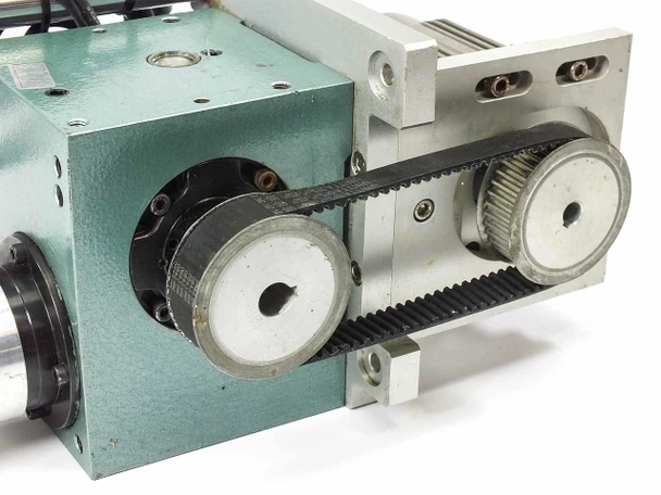 Tung Lee 4RK25GN-C and 4GN-18 assembly — side view showing Unitta toothed timing belt, dual pulleys/sprockets, and rack gear on linear slide rail