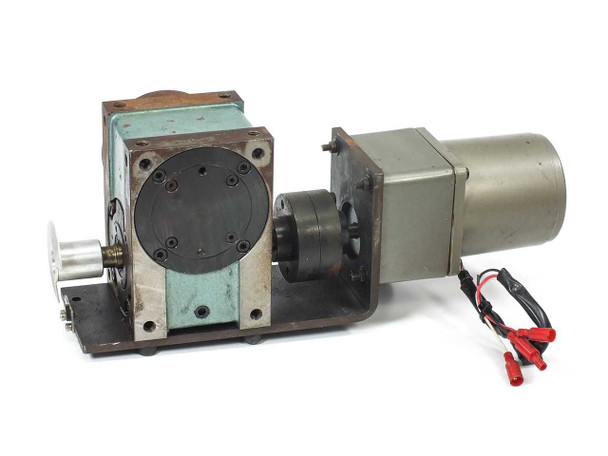 Tung Lee 4RK25GN-C reversible motor with BD-2AA-007-P01-0 indexing drive – left-side view showing pulley and test leads at motor end
