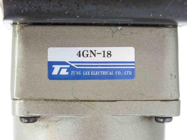 Tung Lee gearhead label showing model 4GN-18 – Tung Lee Electrical Co. Ltd. logo visible on gearbox housing