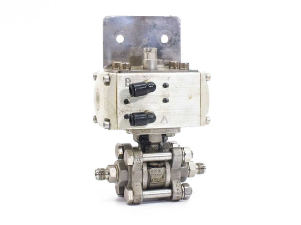 Festo DRD-1-F03 pneumatic actuated ball valve – rear view showing two pneumatic push-in fittings on actuator body