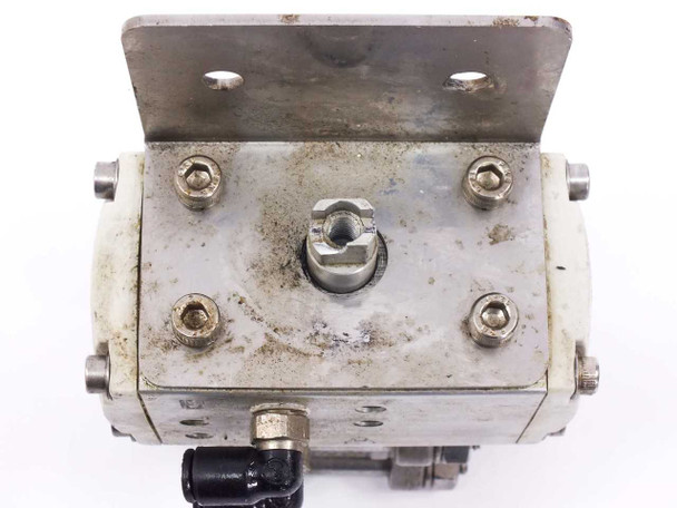 Festo DRD-1-F03 top-down view of actuator showing drive shaft and mounting bracket with two mounting holes