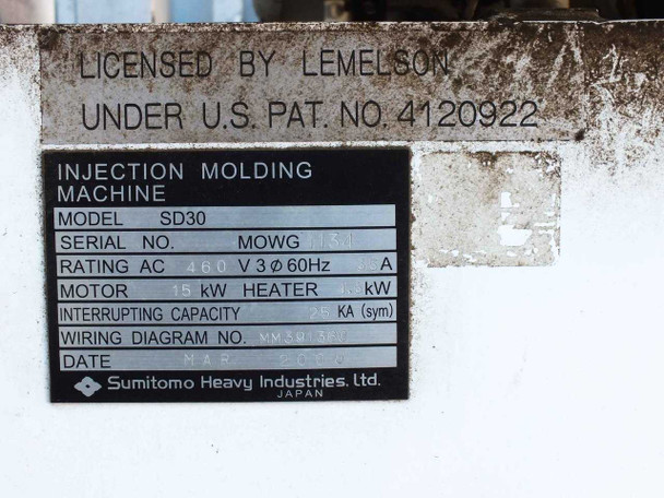 Sumitomo SD30 rating plate showing model SD30, 460V 3-phase 60Hz, 15kW motor, 4.8kW heater, wiring diagram M391370, licensed by Lemelson