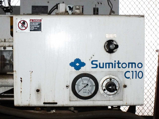 Sumitomo C110 hydraulic unit panel with pressure gauges and Sumitomo branding