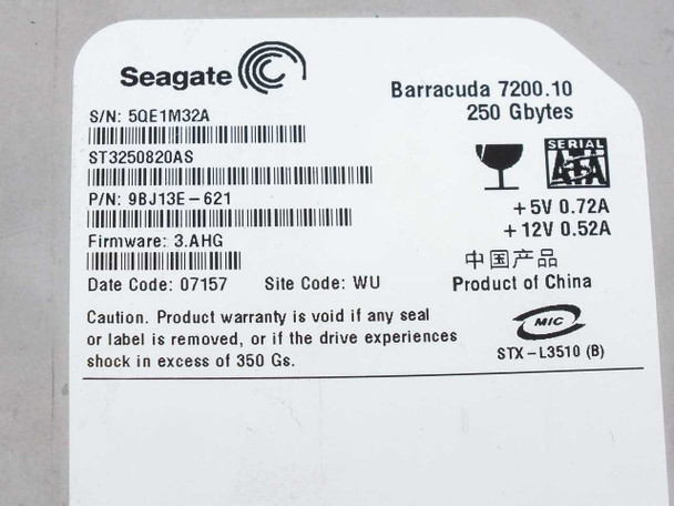 Seagate Barracuda 7200.10 ST3250820AS label showing model, part number 9BJ13E-621, firmware 3.AHG, and power specs