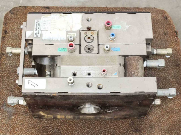 Meiki MDMI injection mold top panel view showing vacuum fittings, air ports, and labeled connectors