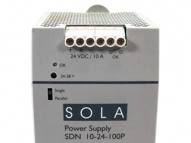 Sola SDN 10-24-100P – top view showing terminal block with 24VDC / 10A output terminals and DC OK contacts labeled