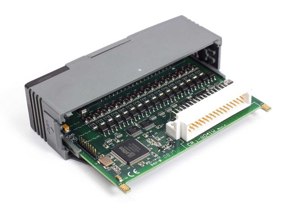 ICP DAS I-8041W digital output module – top-angled view with PCB exposed showing onboard IC, relay components, and I-8000 bus edge connector