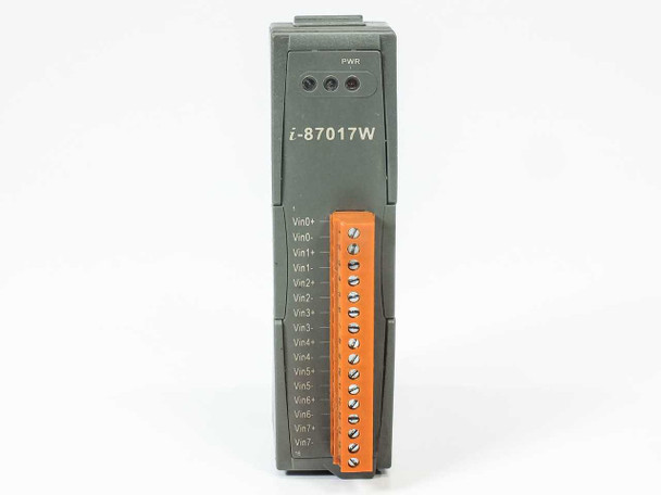 ICP DAS i-87017W analog input module – straight front view showing PWR LED indicator and labeled Vin terminal rows