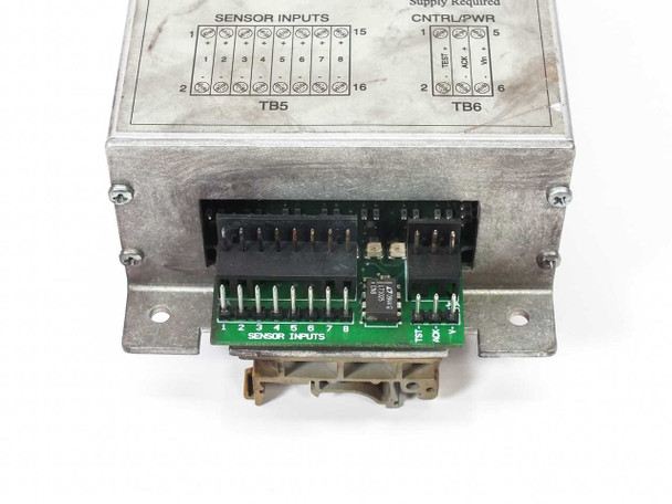 Watlow TLM-8 – bottom end view showing sensor inputs terminal block TB5 (positions 1–16) and control/power terminal TB6 with green PCB connector board installed