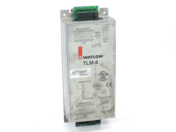 Watlow TLM-8 Thermal Limit Monitor – front panel showing Watlow branding, relay output terminals TB1/TB2, sensor type selection chart, sensor input terminals, UL/FM/CE markings