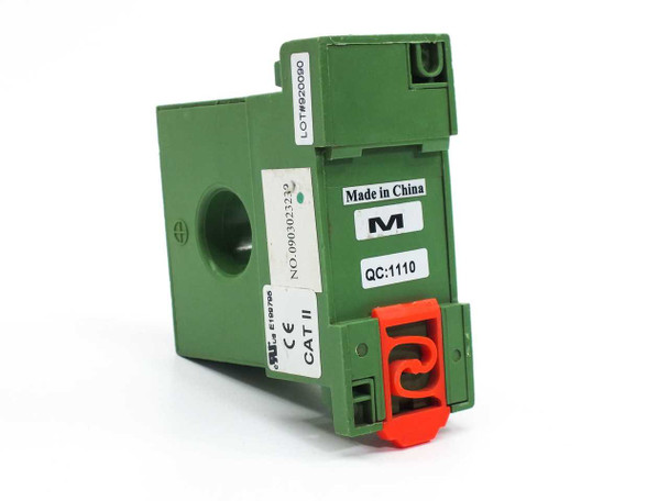CR Magnetics CR4120-5 Current Transducer – left side view showing CE CAT II rating label, lot number, serial number, and Made in China marking