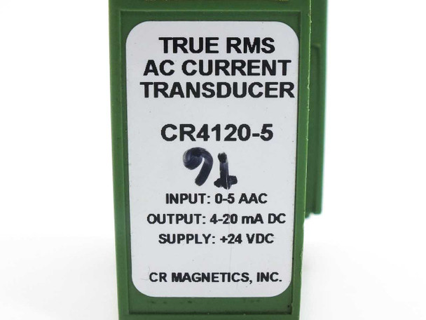 CR Magnetics CR4120-5 – close-up of front label showing True RMS AC Current Transducer, input 0-5A, output 4-20mA DC, supply +24VDC