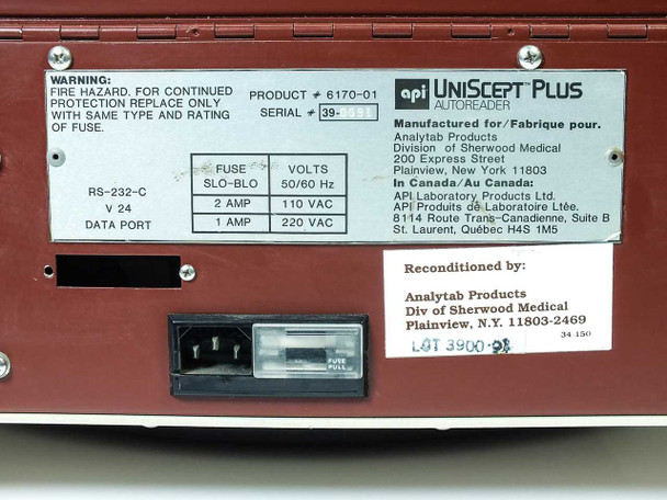 API UniScept Plus 6170-01 rear label close-up – product number 6170-01, serial number, voltage ratings 110/220V, fuse type, RS-232-C port, and Analytab Products / Sherwood Medical manufacturer information
