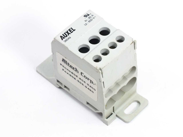 Auxel 38049 power distribution block 600V 80A — front and top view showing 4 output terminals and DIN rail mounting bracket, Altech Corp label visible