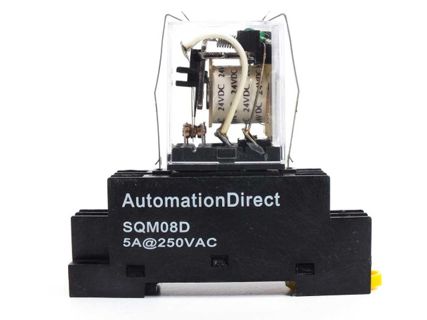 AutomationDirect SQM08D relay socket front face showing brand name and 5A@250VAC rating label with relay seated in socket