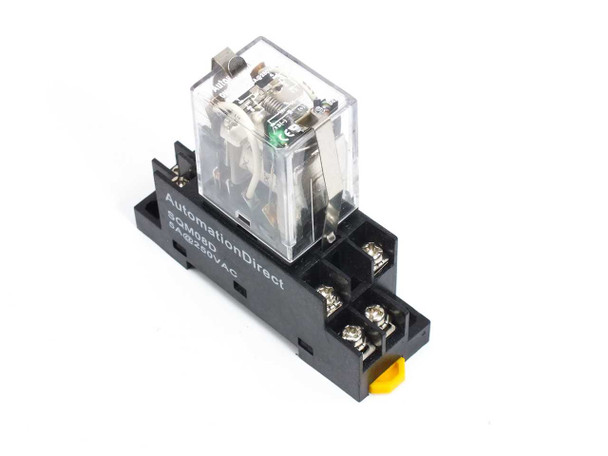 AutomationDirect SQM08D relay socket with QM2N1-D24 cube relay installed — front-left angled view showing socket label and screw terminals