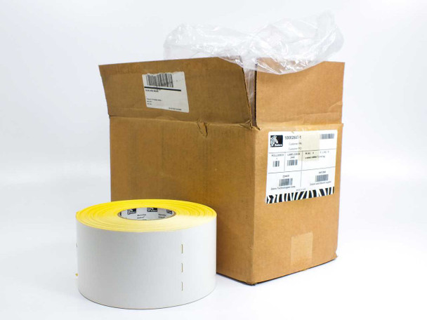 Zebra 10002807-1 Z-Select 4000D 4x8 barcode label rolls — open shipping box with one roll displayed in front