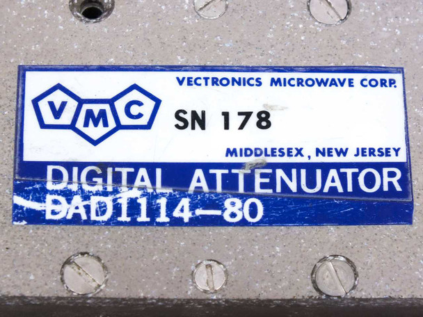 Vectronics Microwave VMC DAD1114-80 Digital Attenuator – closeup of VMC identification label showing model DAD1114-80 and serial number