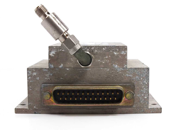 Vectronics Microwave VMC DAD1114-80 Digital Attenuator – end view showing DB-25 male connector and SMA coaxial connector port