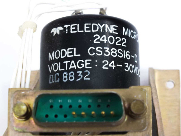 Teledyne Microwave 24022 label showing model CS38SI6-D, voltage 24-30VDC, date code 8832, with green 15-pin D-sub control connector visible