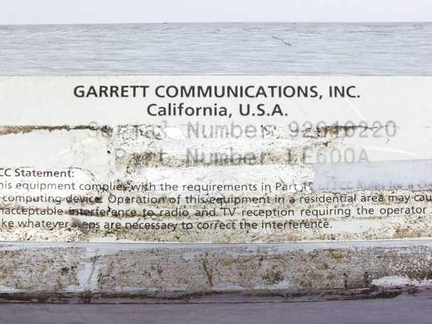 Black Box LE600A bottom label — Garrett Communications Inc., California USA, Part Number LE600A, FCC compliance statement