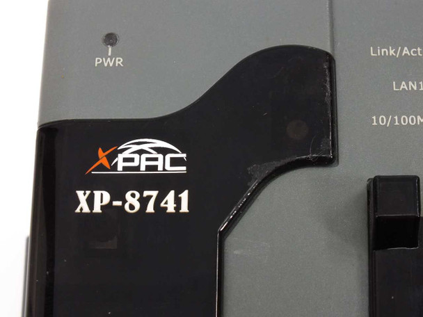 ICP DAS XP-8741 XPAC label close-up showing model number and PWR LED indicator with LAN/Link-Act and 10/100M port labels